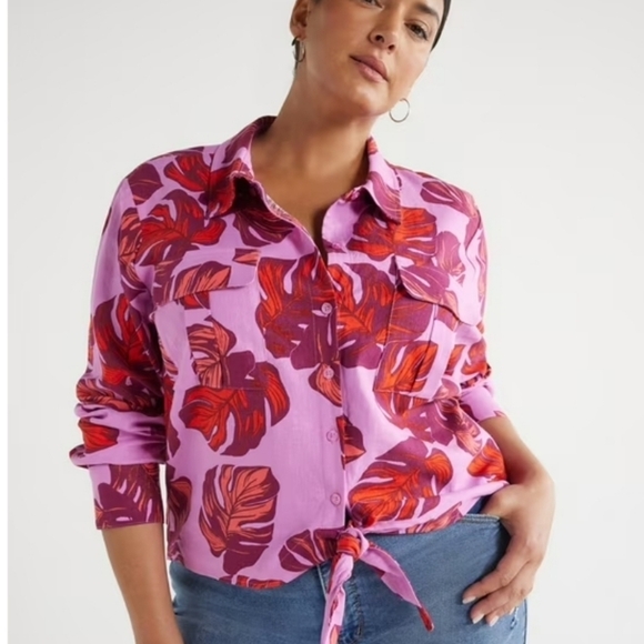 NWT Sofia Vergara Jeans | Linen Blend Tie Front Button Up Shirt Size 2X - Picture 2 of 7